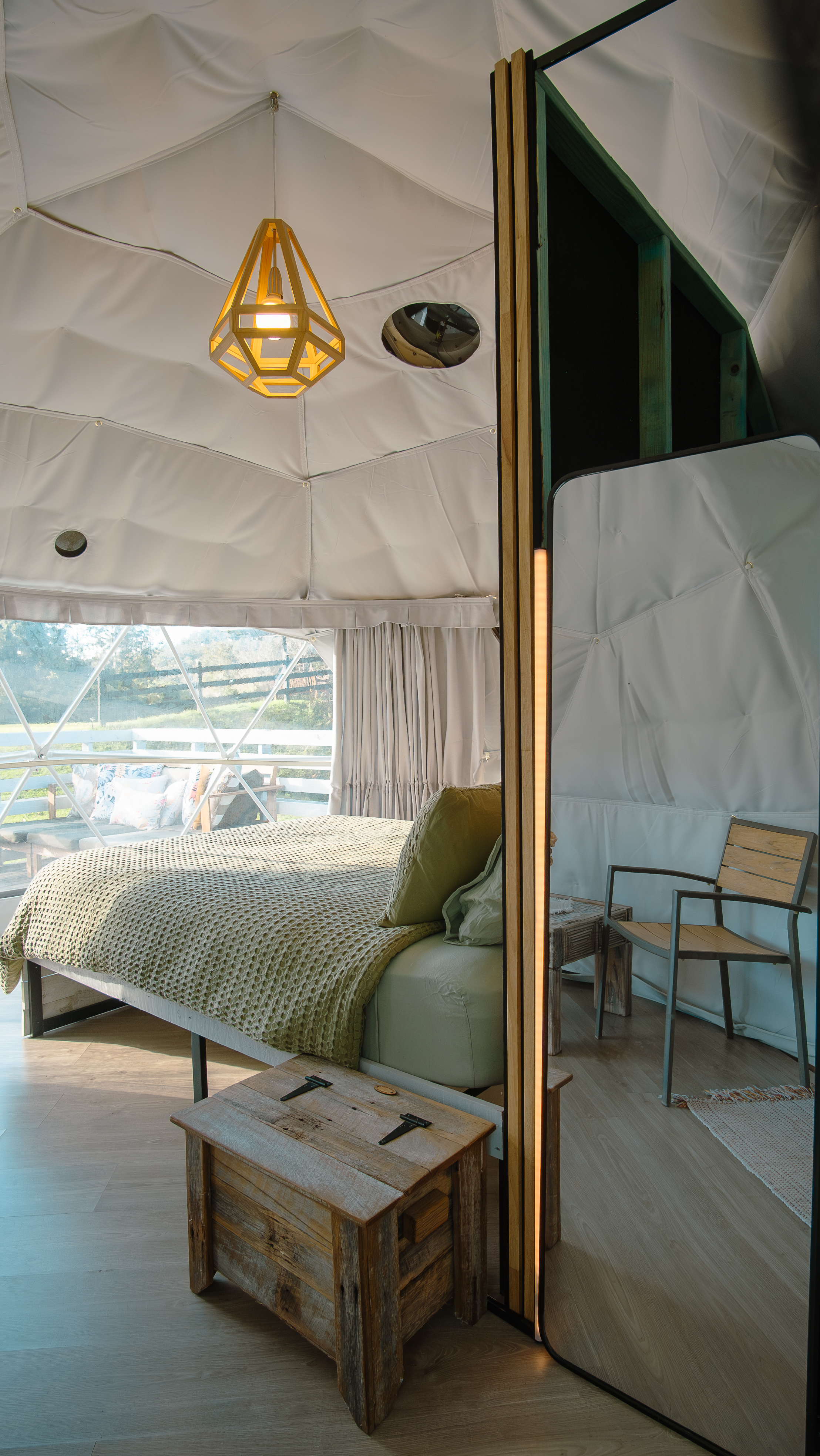 Full-length mirror and ambient lighting inside the dome