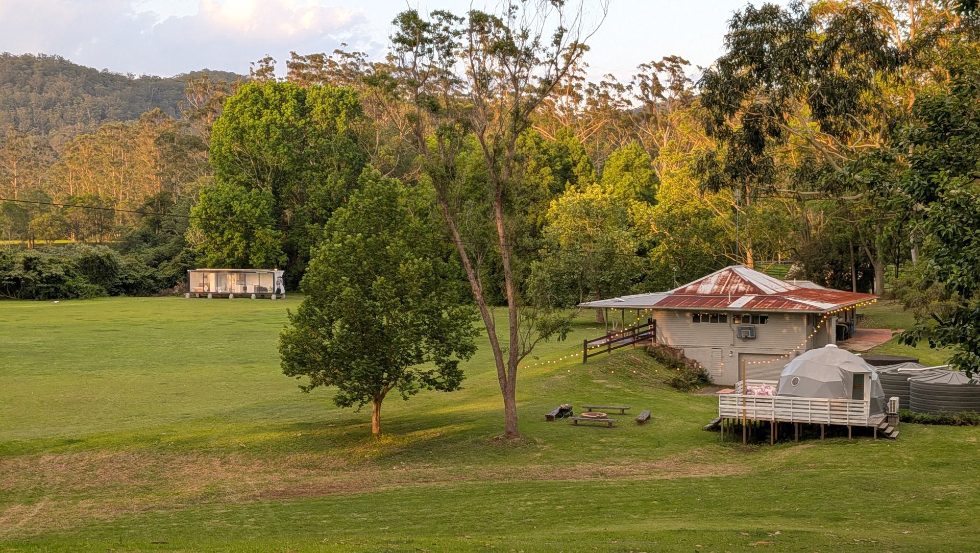 Aerial view of Unwind Escapes glamping property in Dooralong Valley