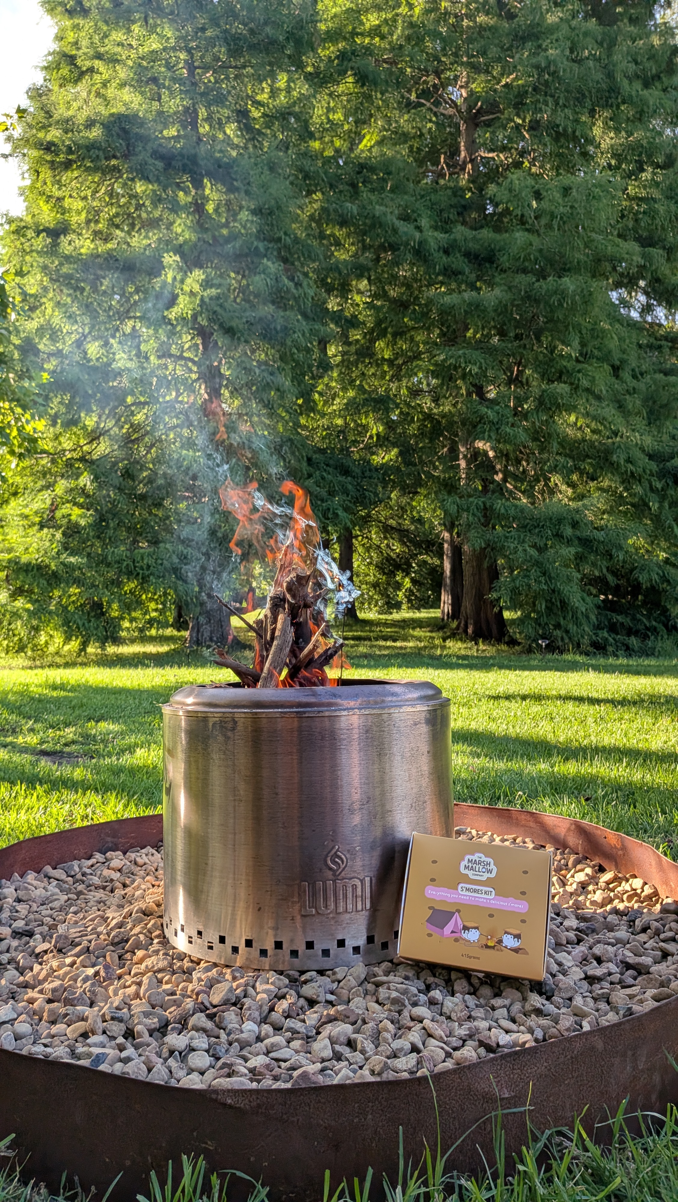 S'mores kit set up beside a private fire pit at Unwind Escapes