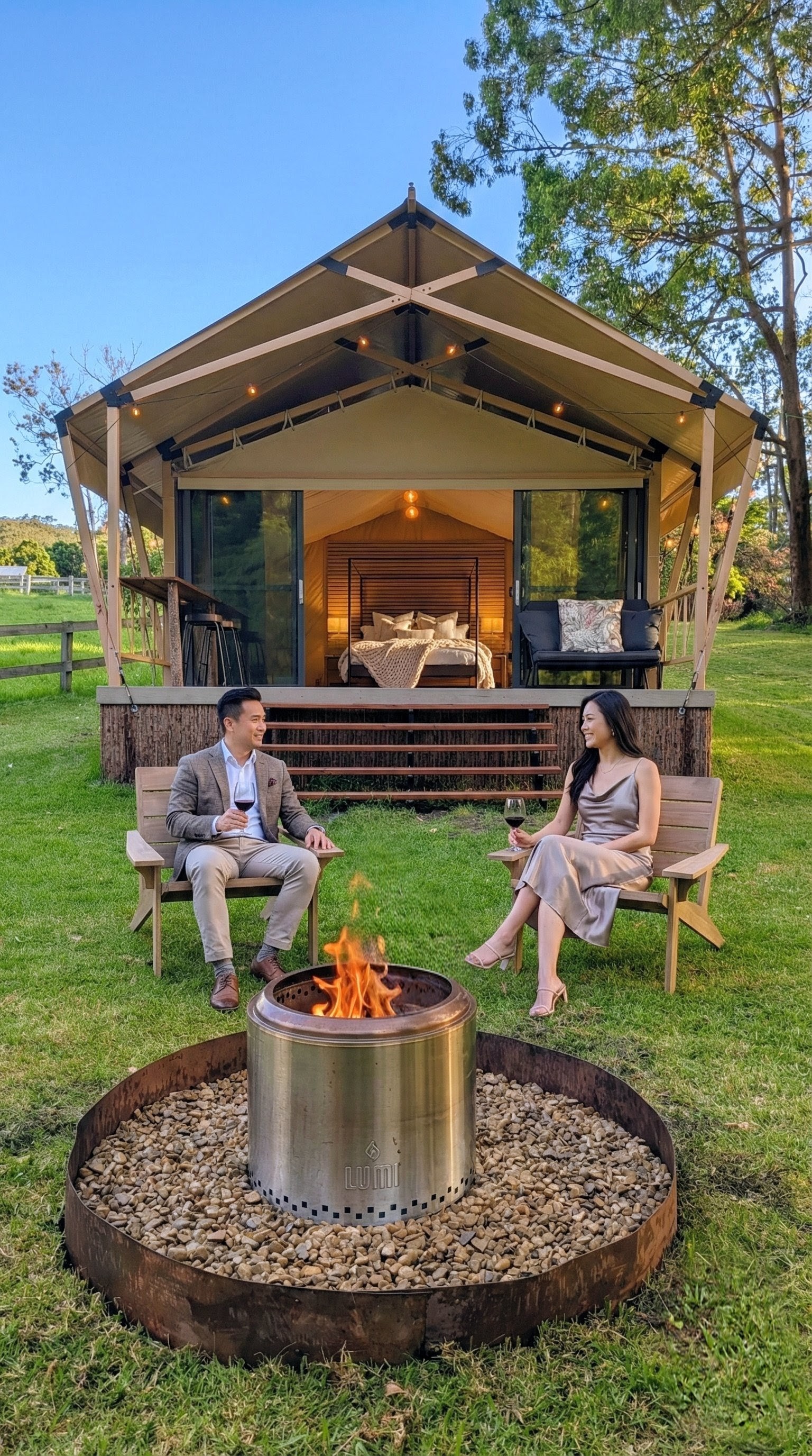 Fireside evening — two guests relaxing by the private fire pit with the safari tent glowing behind