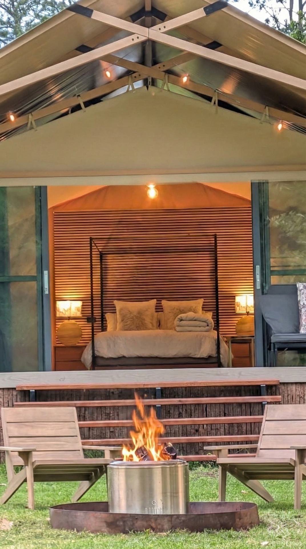 Fire pit at Redwood Grove glamping site